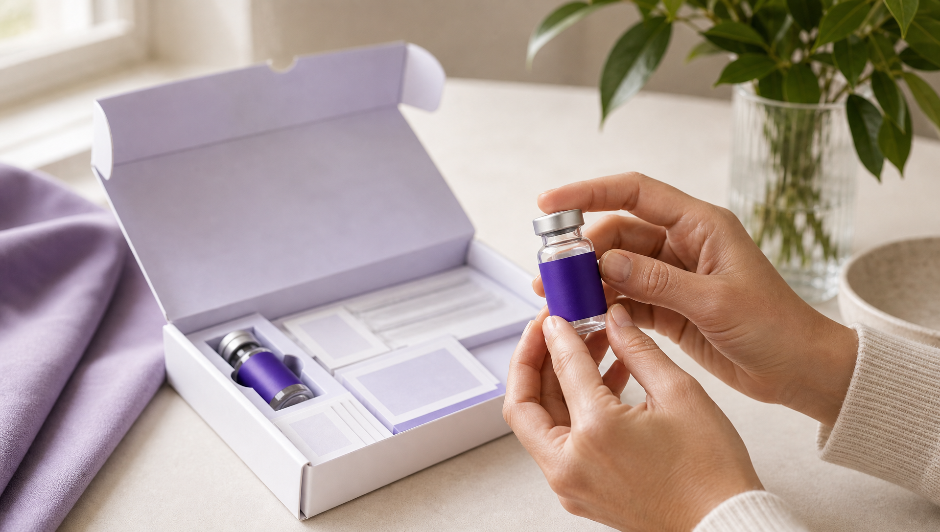 Hands holding a compounded medication vial beside an open delivery box