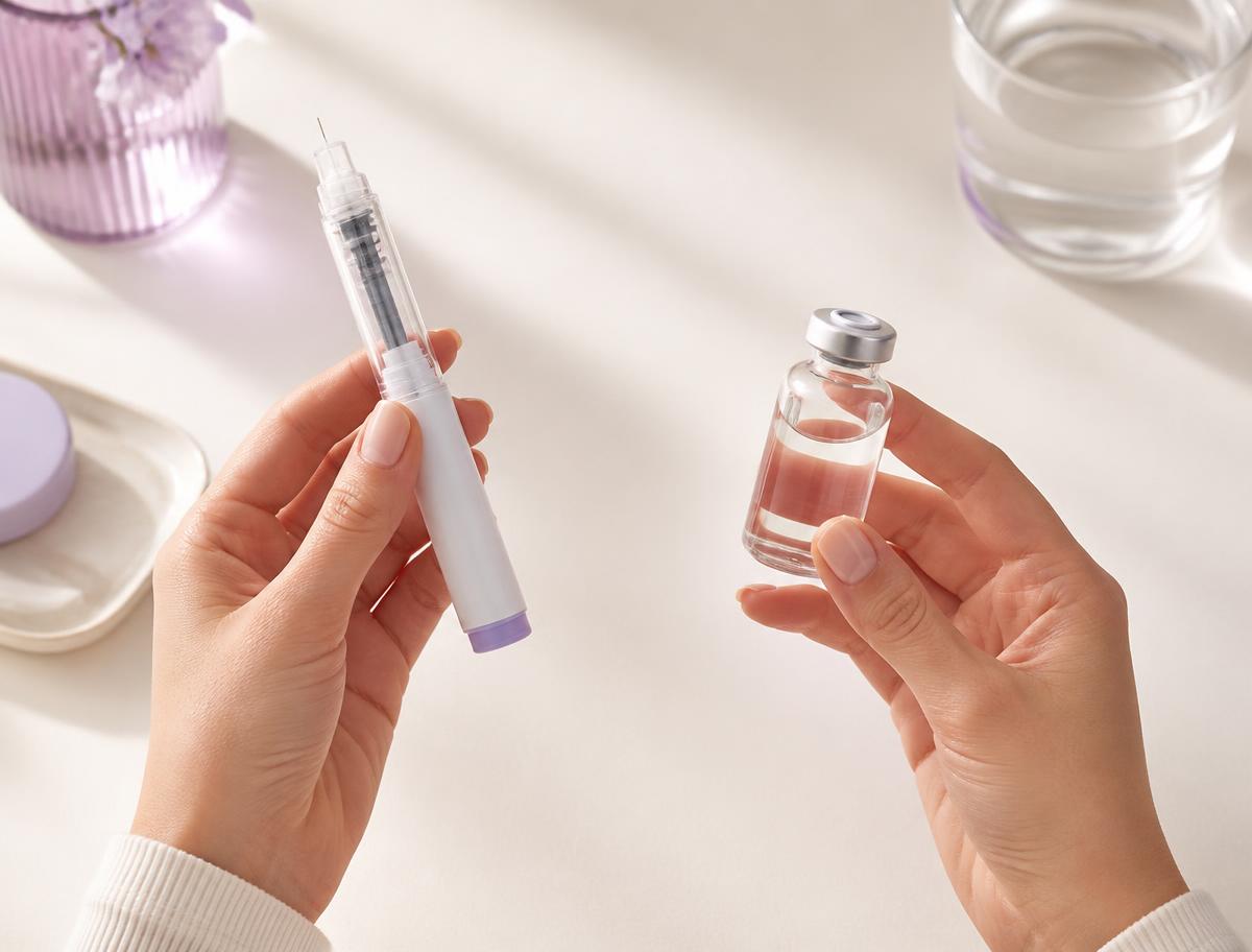 Hands holding an injection pen and a clear medication vial