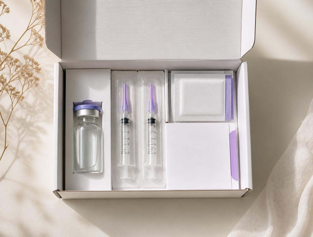 Unbranded shipping box containing a sealed vial, syringes, alcohol swabs and instructions